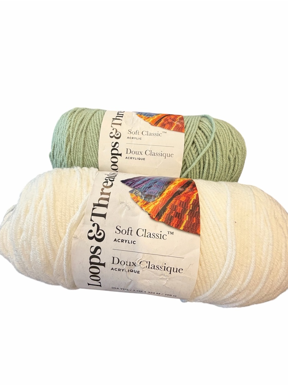 Loops & Thread Lot Of 2 Skeins Soft Classic Acrylic White & Sage Total 1 Pound